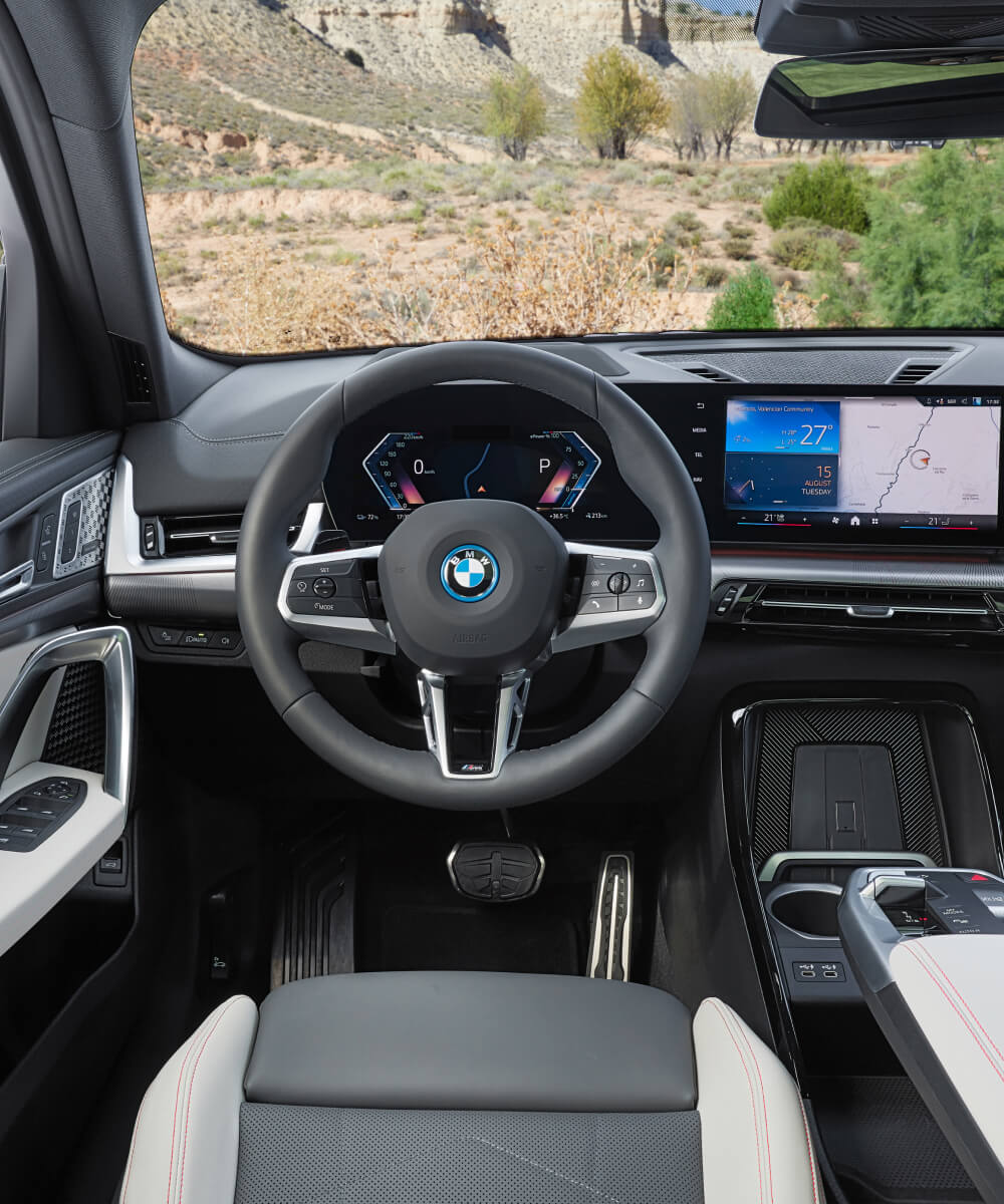 Front interior view of BMW steering wheel
