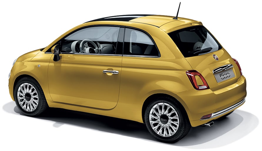 Rear view of a Fiat 500 on a white background.