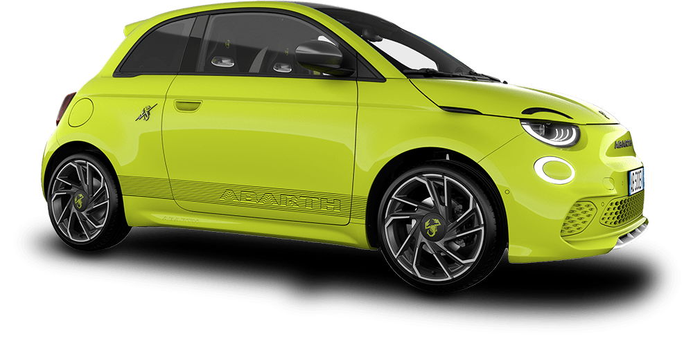 Angled front shot of Acid Green Abarth 500e Scorpionissima