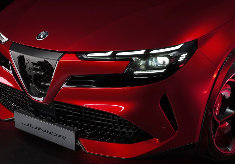 Close up front view of Alfa-Romeo grill and headlights