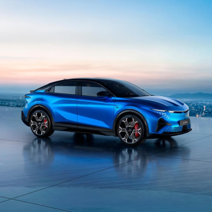 Front angled view of Alpine A390 headlights