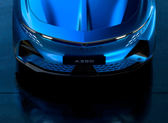 Upward angled view of Alpine A390 headlights