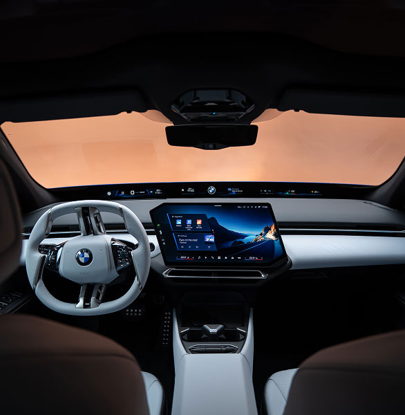 BMW i3 front interior showing steering wheel and dashboard