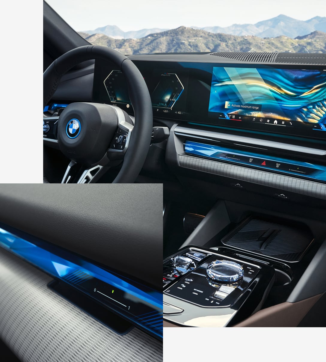 Interior view of the BMMW i5 Integration Bar dashboard and advanced BMW Curved Display 