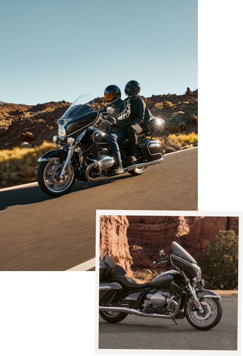 A collage of two bikers riding on motorcycle outside and image of BMW R 18 Transcontinental