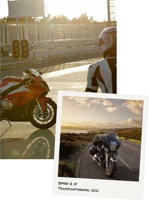 Collage of motorcyclist and bike outside race track and image of BMW R 18 Transcontinental DI21