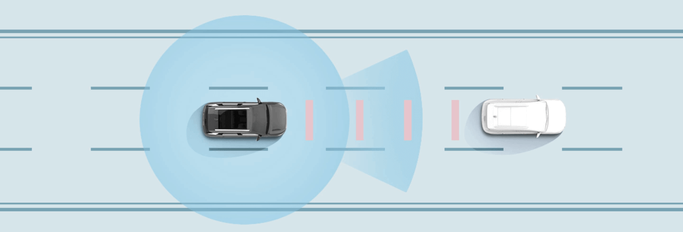 Graphic showing BYD Atto-2 on the motorway with electronic waves detecting distance to the car infront
