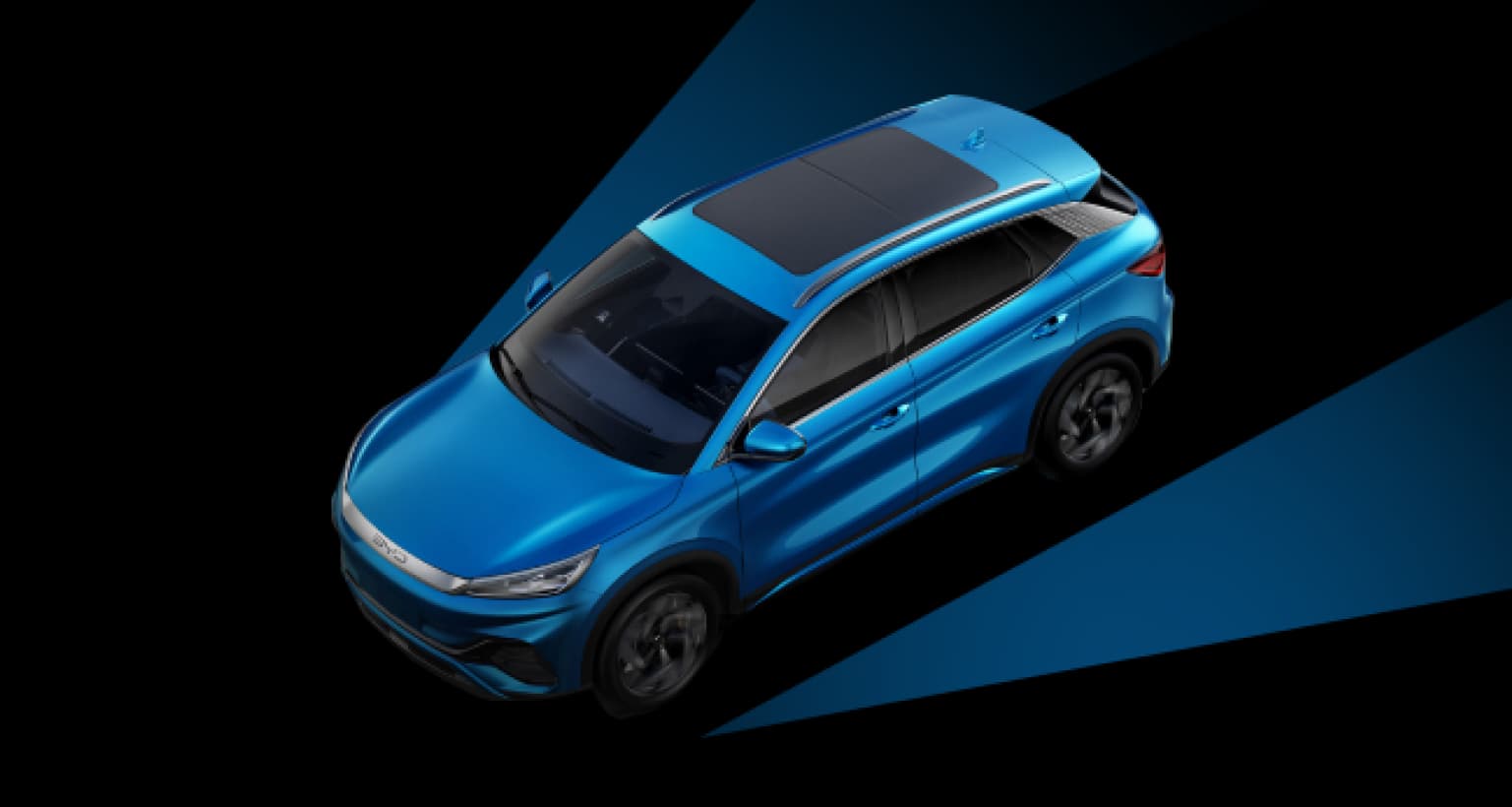 Aerial angled view of blue BYD ATTO 3