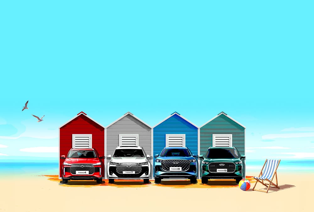 Chery range of cars on a beach with red, grey, blue and green beach huts in background