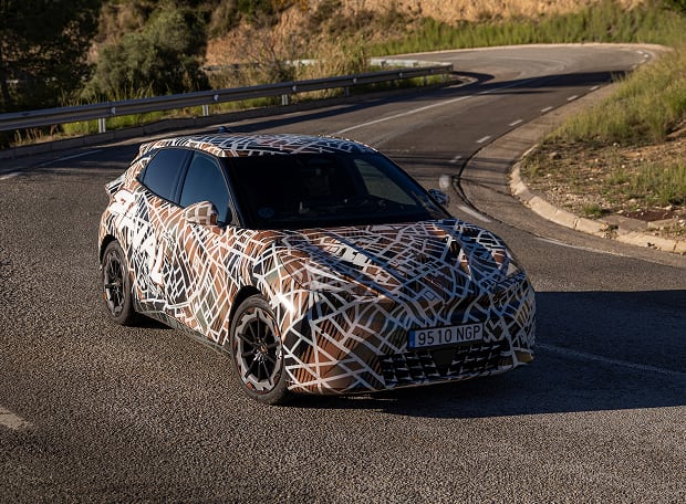 Front angled view of Cupra Raval on road