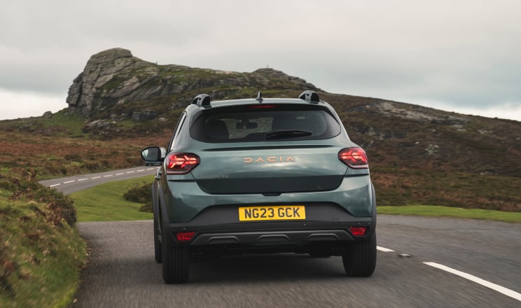 Rear angled view of Dacia Sandero Stepway on road