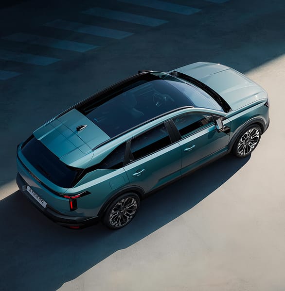 Top side view of Dacia Striker showing panoramic sunroof