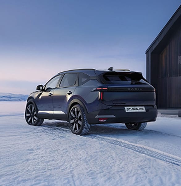 Rear view of Dacia Striker in the snow