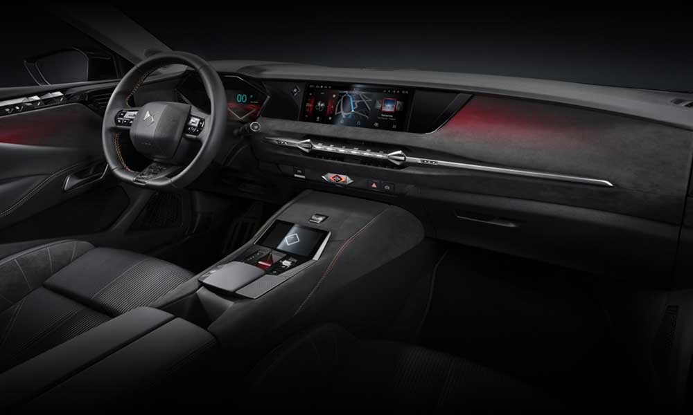 Interior view of the DS No4 showing driver cockpit and infotainment system