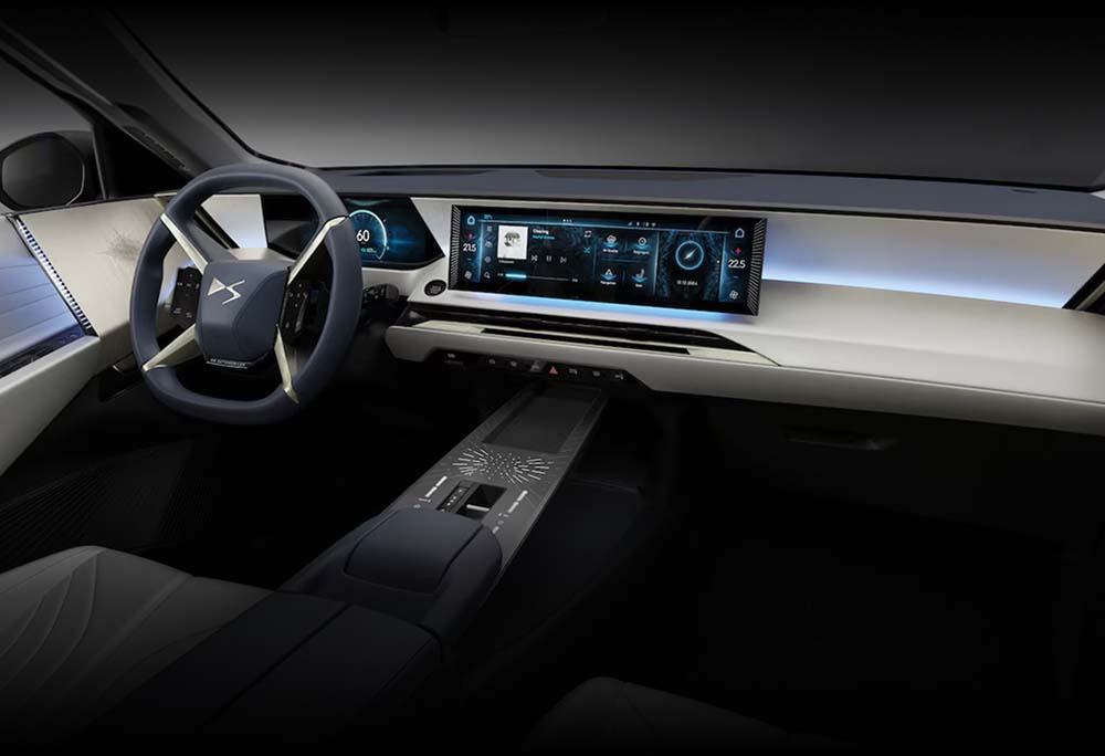 Interior view of the DS No7 showing driver cockpit and infotainment system