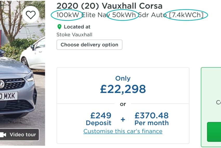 EV's wattage trim details on a deal block
