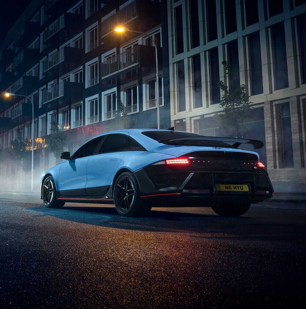 Rear view of Hyundai IONIQ 6 N in city street