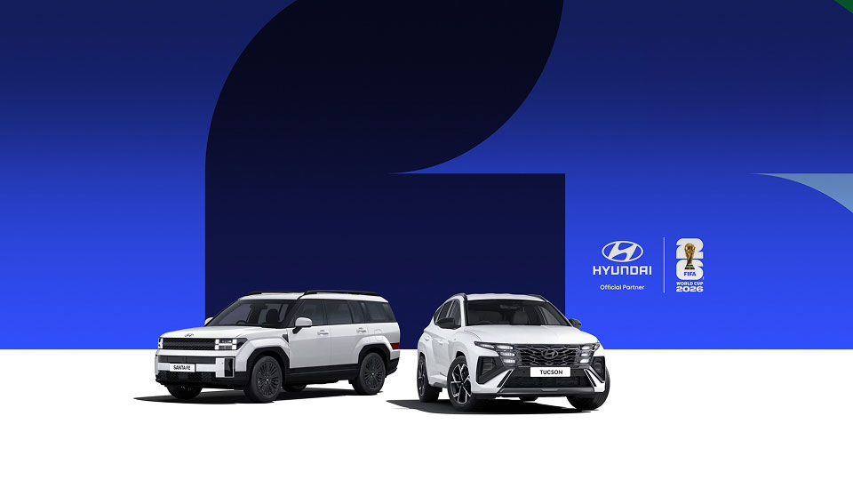 Hyundai Tucson and Santa Fe against a blue background with official World Cup partner logos