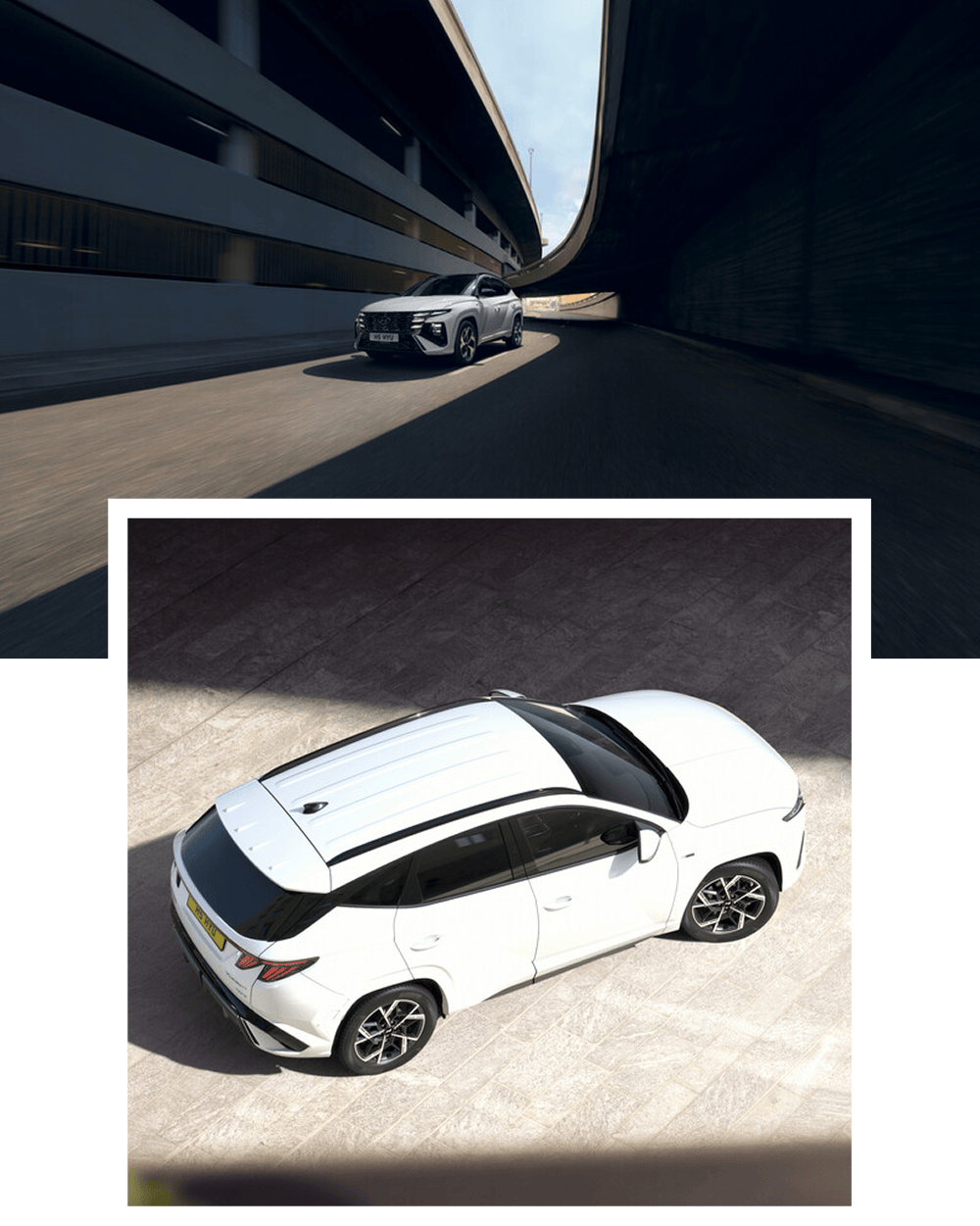 Ovelapped images of Hyundai TUCSON in motion and from top side angle view