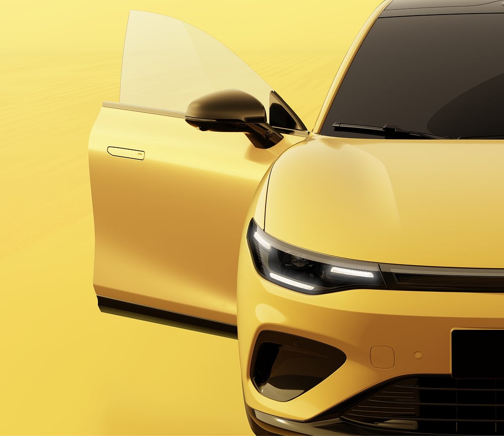 Front view of yellow Leapmotor B05 with the driver's side door open against a yellow background.