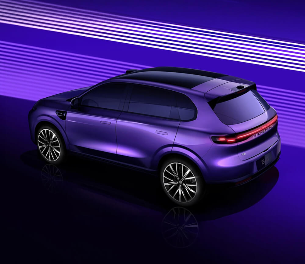 Sleek purple Leapmotor B10 with tinted windows, modern design, and illuminated rear light strip against a purple background with horizontal light beams