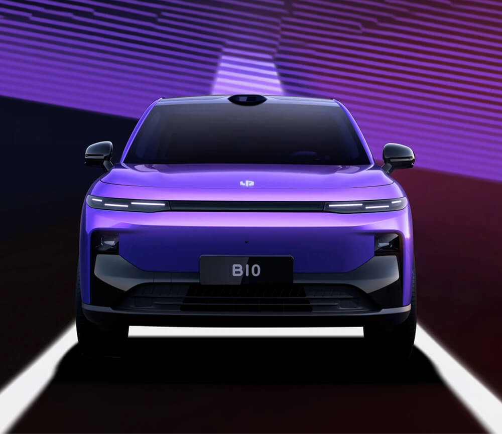 Front view of a purple Leapmotor B10 with sleek LED headlights against a purple and black geometric background