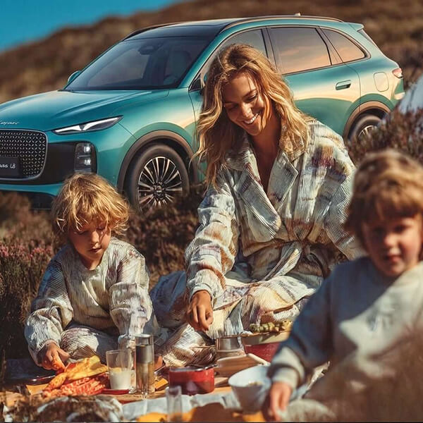Young family having picnic in a field with Lepas L8 in background