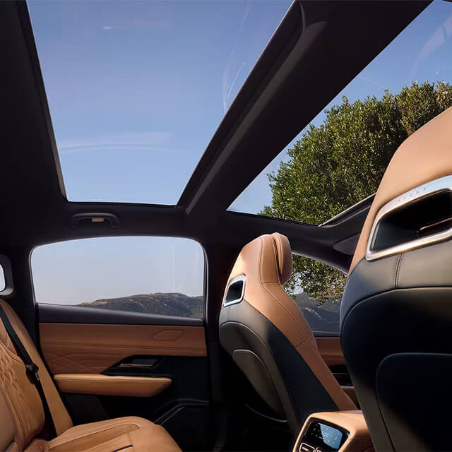 Mazda6e panoramic sunroof interior view from back seats