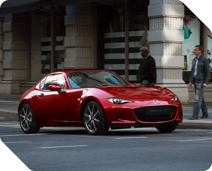 Angled front shot of Mazda MX-5 in Soul Red Crystal