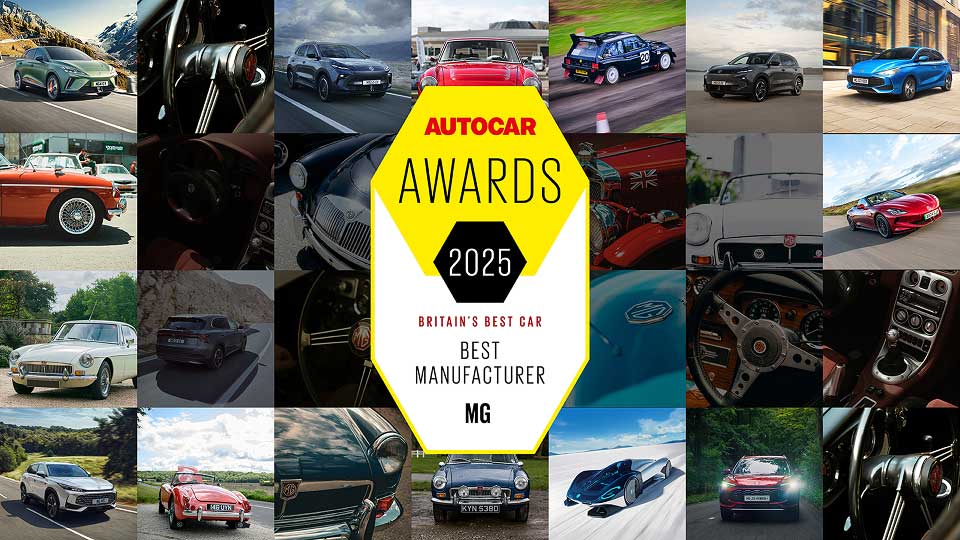 Collage of MG cars over the years with Autocars Best Manufacturer award 2025 in centre