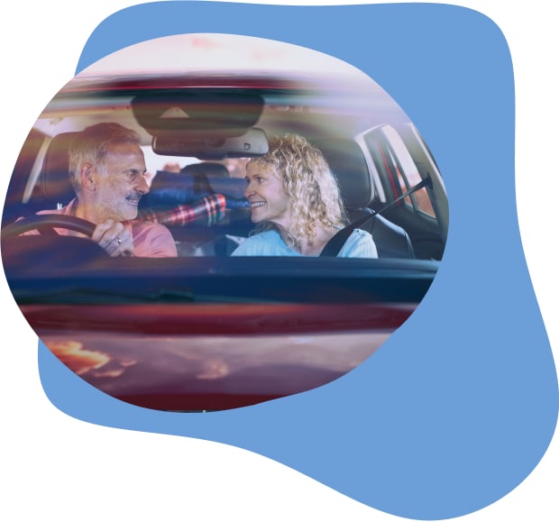 Front angle view of models inside car