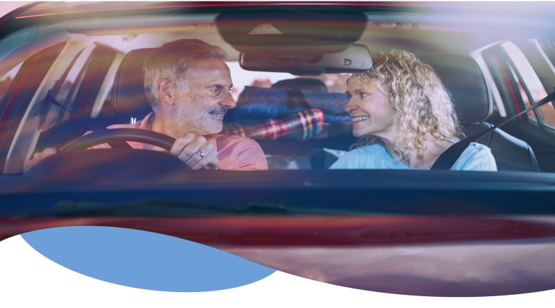 Front angle view of models inside car