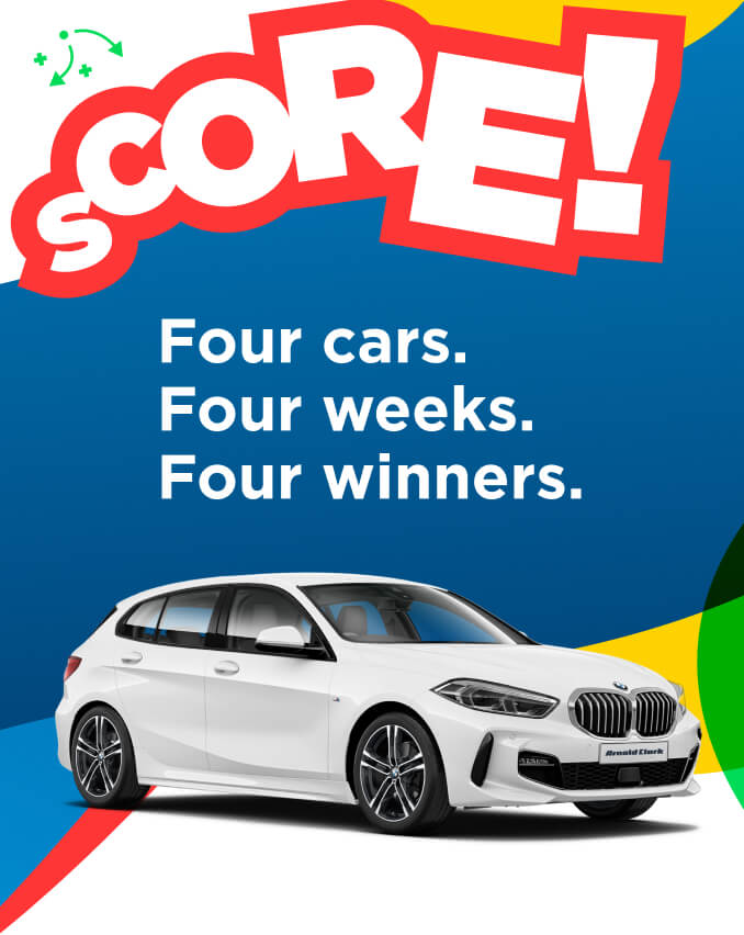 Graphic with “SCORE!” text and a white car, advertising Four cars. Four weeks. Four winners.