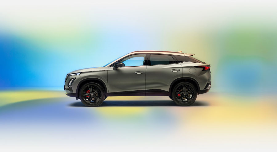 OMODA 5 side on against a multicoloured background