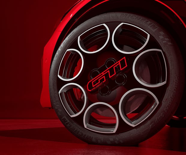 Close up view of Peugeot 208 GTI alloy