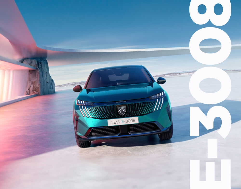 Front view of Peugeot 3008 with gradient pink and blue background, and large E-300 text