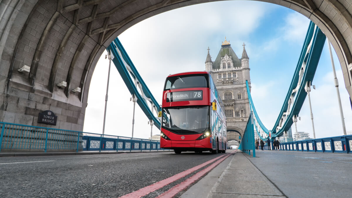 Red bus on the London bridge
