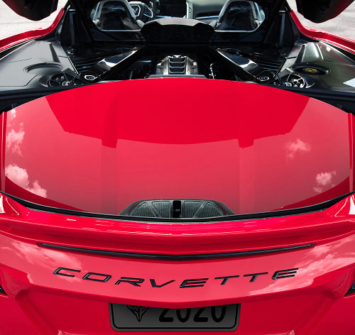 View of a red Corvette engine bay