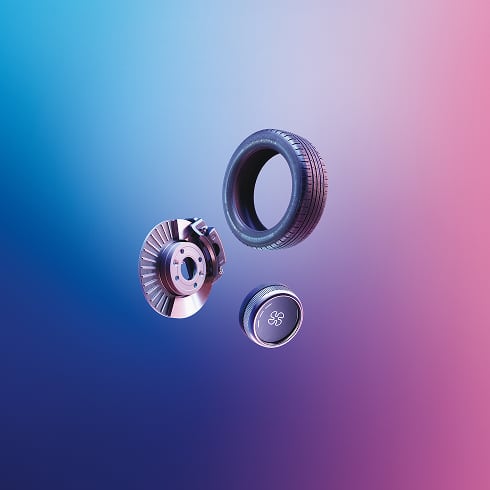 Floating car parts including a tire, brake disc with caliper, and a circular component against a gradient blue and pink background