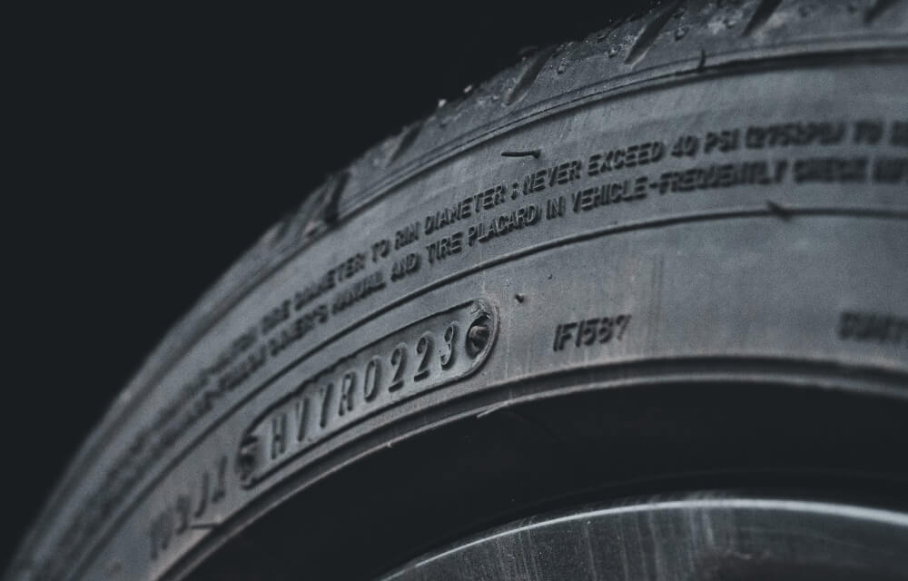 Close up of tyre sidewall showing tyre specification figures