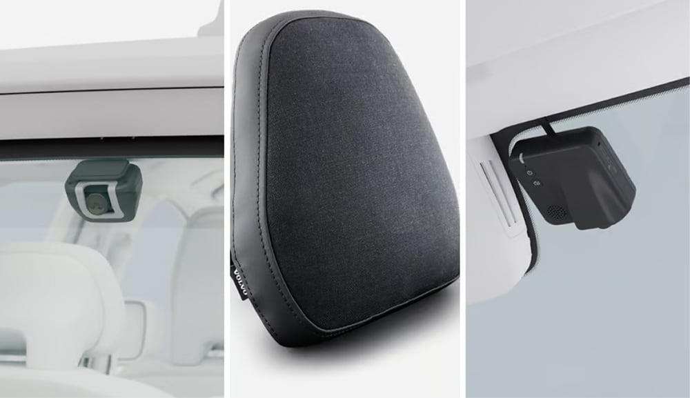 Three images showing a car interior camera mounted on windshield, a black fabric and leather headrest, and a black electronic device on a car ceiling