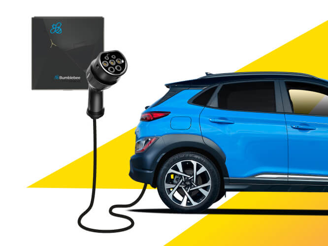 Blue Hyundai Kona with EV charger