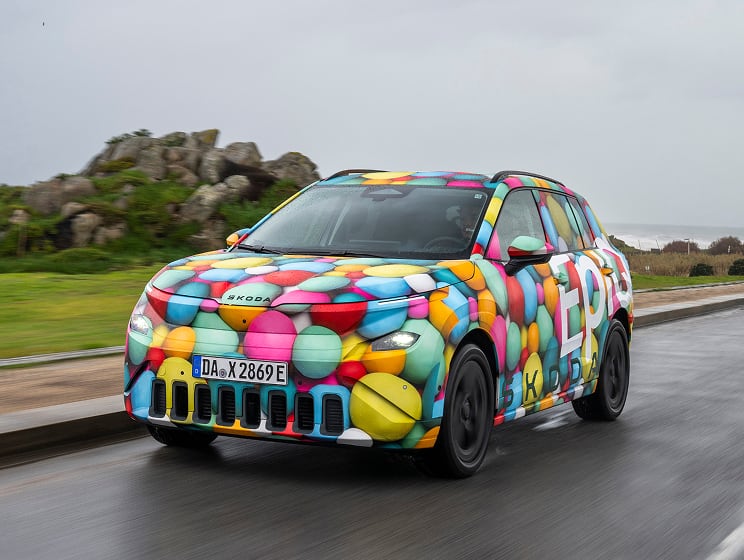 Front anlged view of Skoda Epiq on the road