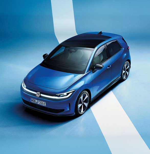 Blue Volkswagen ID. Polo in studio against blue background