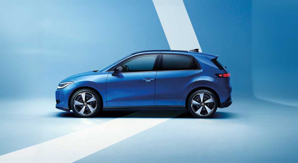 Blue Volkswagen ID. Polo against gradient blue background