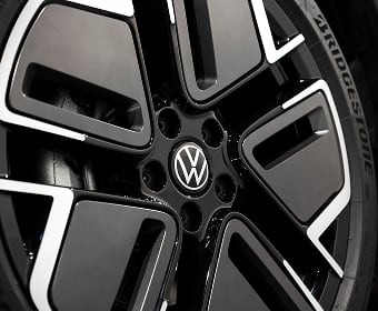 Close-up of a black and silver Volkswagen T-Roc alloy wheel