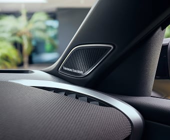 Close-up of a speaker integrated into a car's interior