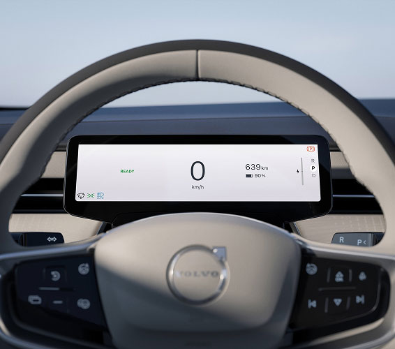 Close up of Volvo ES90 dashboard showing vehicle speed and range