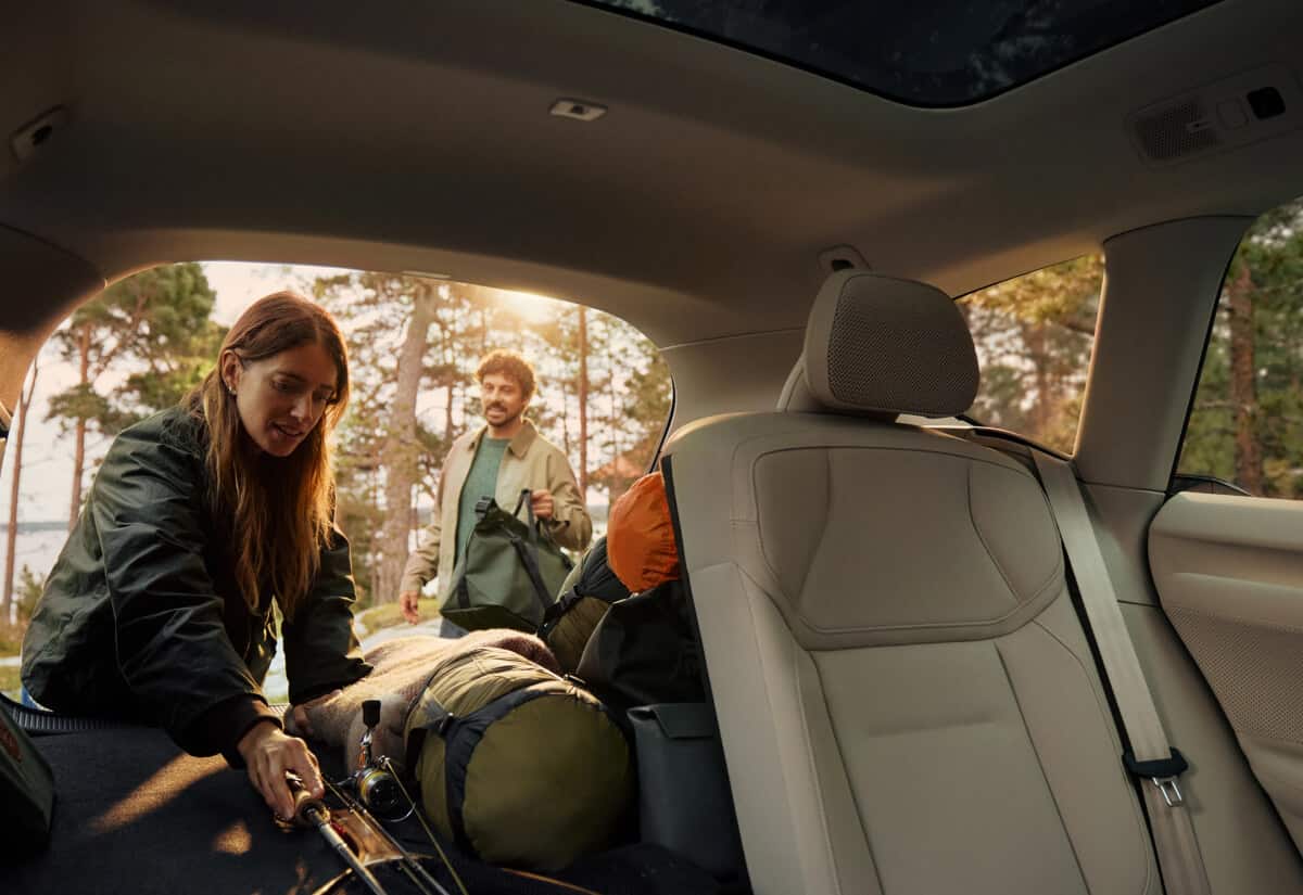 Interior rear view of Volvo EX60 with boot opened