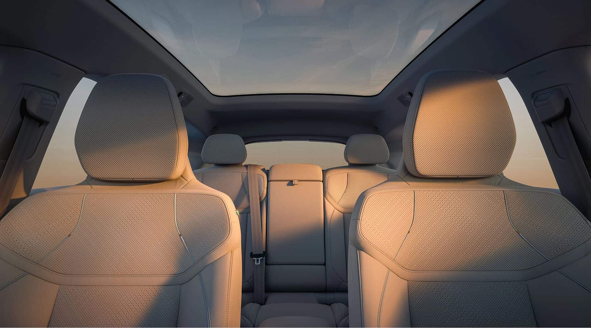 Interior view of Volvo EX60 panoramic sunroof and seats